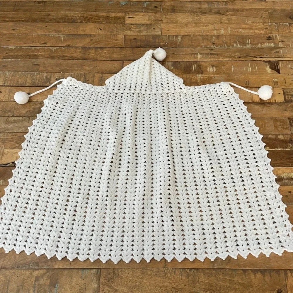 Handmade Crochet Hooded Shawl Cape Infant Toddler Unisex Adjustable Drawstring